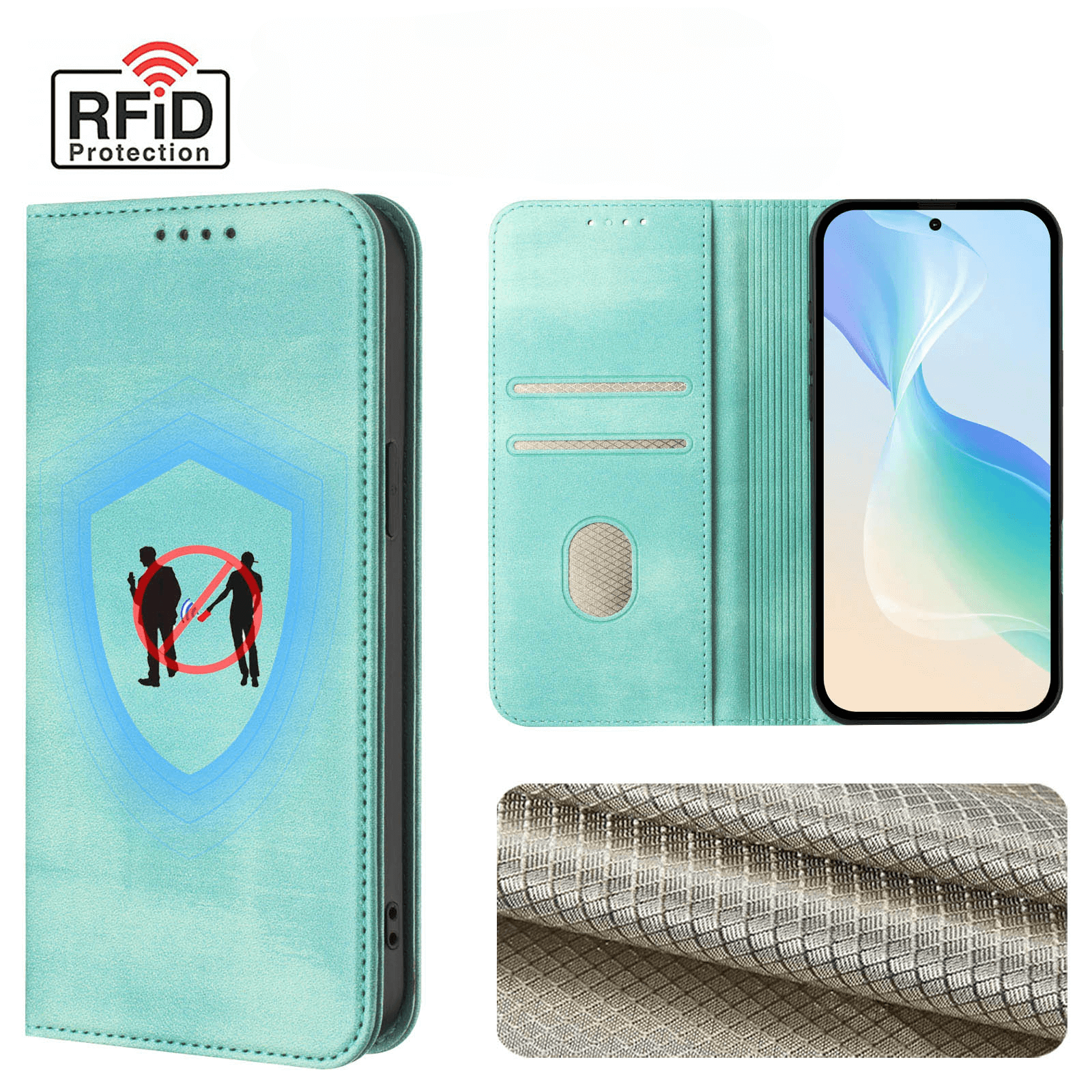 Türkises Flip Case mit RFID Blocker für CMF Phone 2 Pro von Cover-Discount, mit Schild-Grafik, Kartenfächern und Nahaufnahme der schützenden Stoffstruktur.