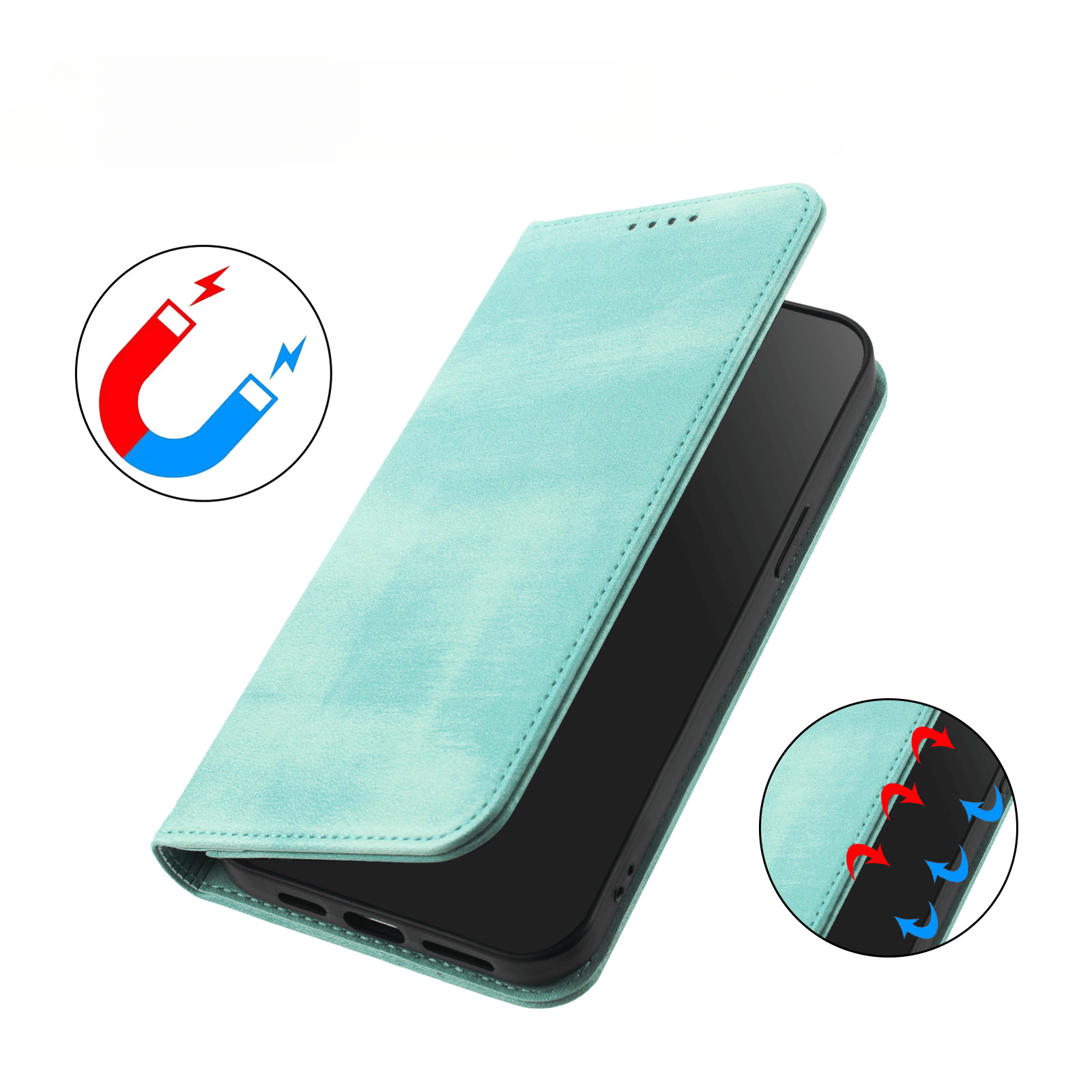 Cover-Discount CMF Phone 2 Pro - Flip Case mit RFID Blocker in Türkis, mit Magnetverschluss-Icons, teilweise geöffnet gezeigt, ein Smartphone ist enthalten und bietet extra Sicherheit durch RFID-Schutz.