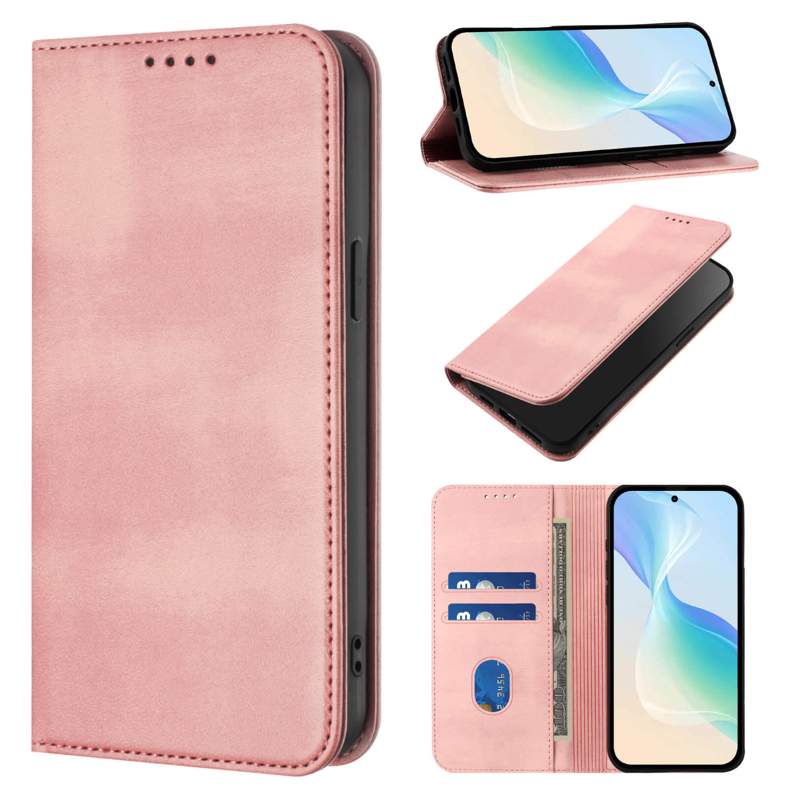 Das Cover-Discount CMF Phone 2 Pro - Flip Case mit RFID Blocker in rosa Leder verfügt über Kartenfächer und wird aus verschiedenen Perspektiven offen, geschlossen und mit Smartphone gezeigt.