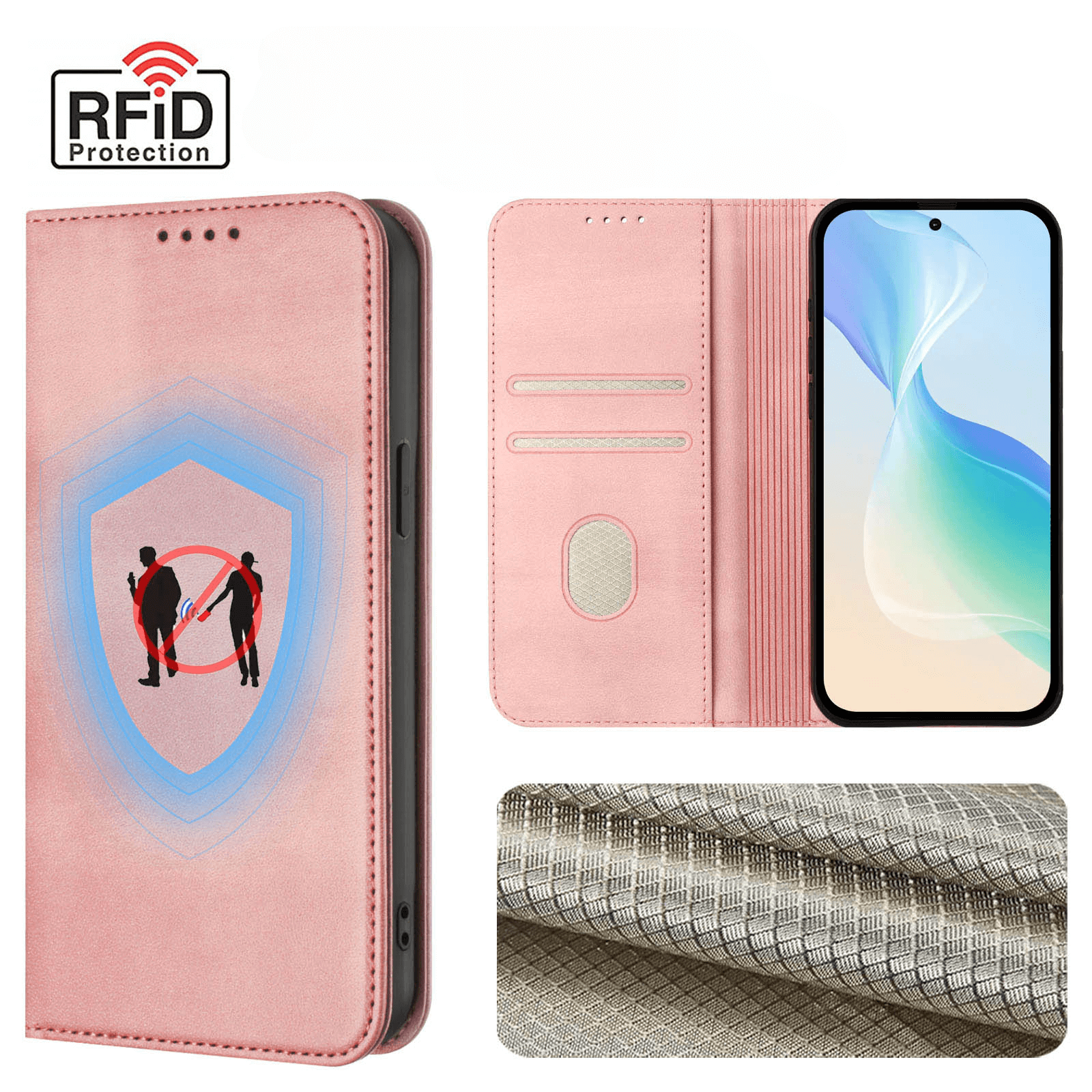 Die Cover-Discount CMF Phone 2 Pro - Flip Case mit RFID Blocker bietet Kartenfächer und strukturiertes Innenfutter; die pinke Hülle ist offen und geschlossen abgebildet.