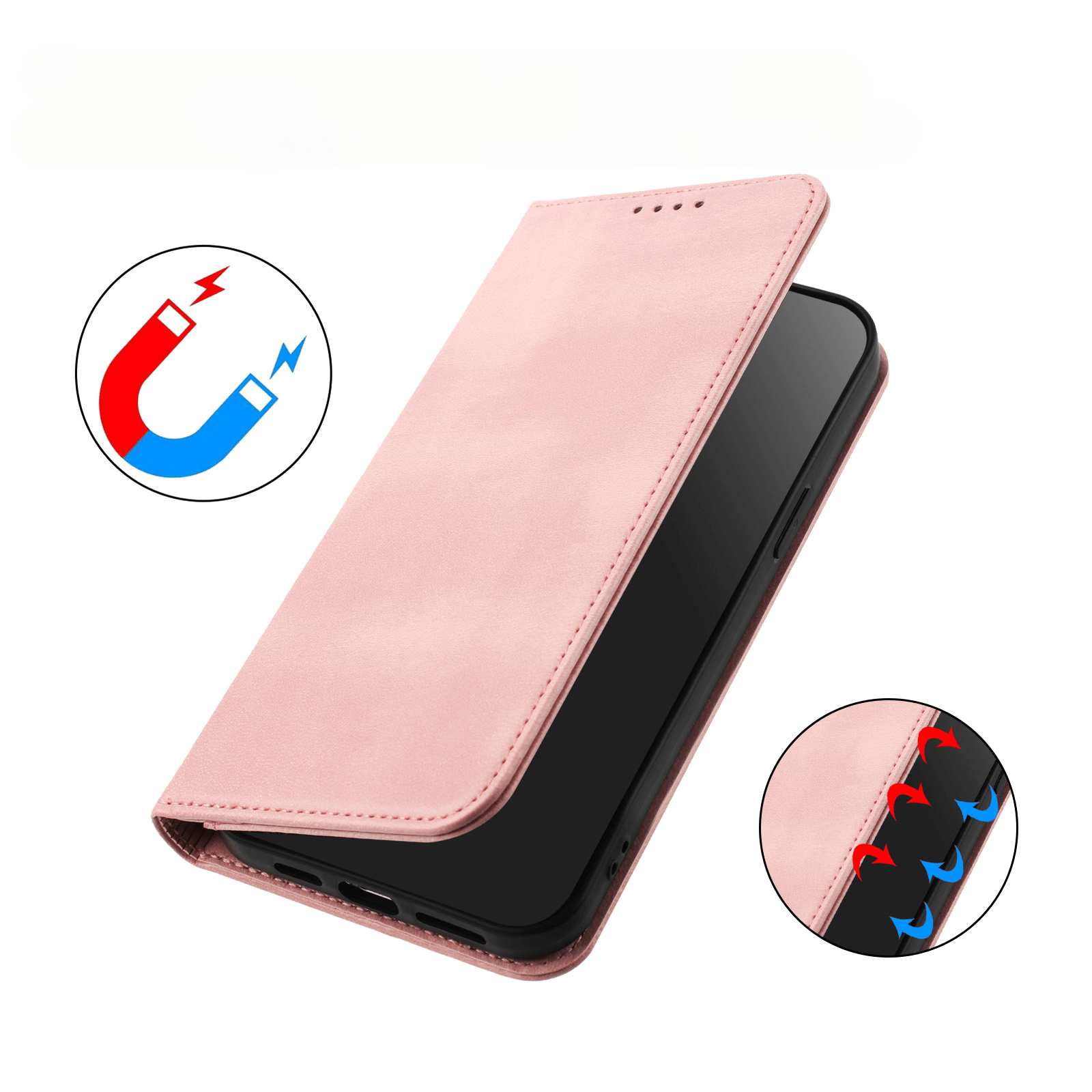 Das Cover-Discount CMF Phone 2 Pro - Flip Case mit RFID Blocker in Pink verfügt über einen Magnetverschluss für sicheren Schutz, leicht geöffnet dargestellt mit Magnetsymbolen und zusätzlicher RFID-Blockierfunktion.