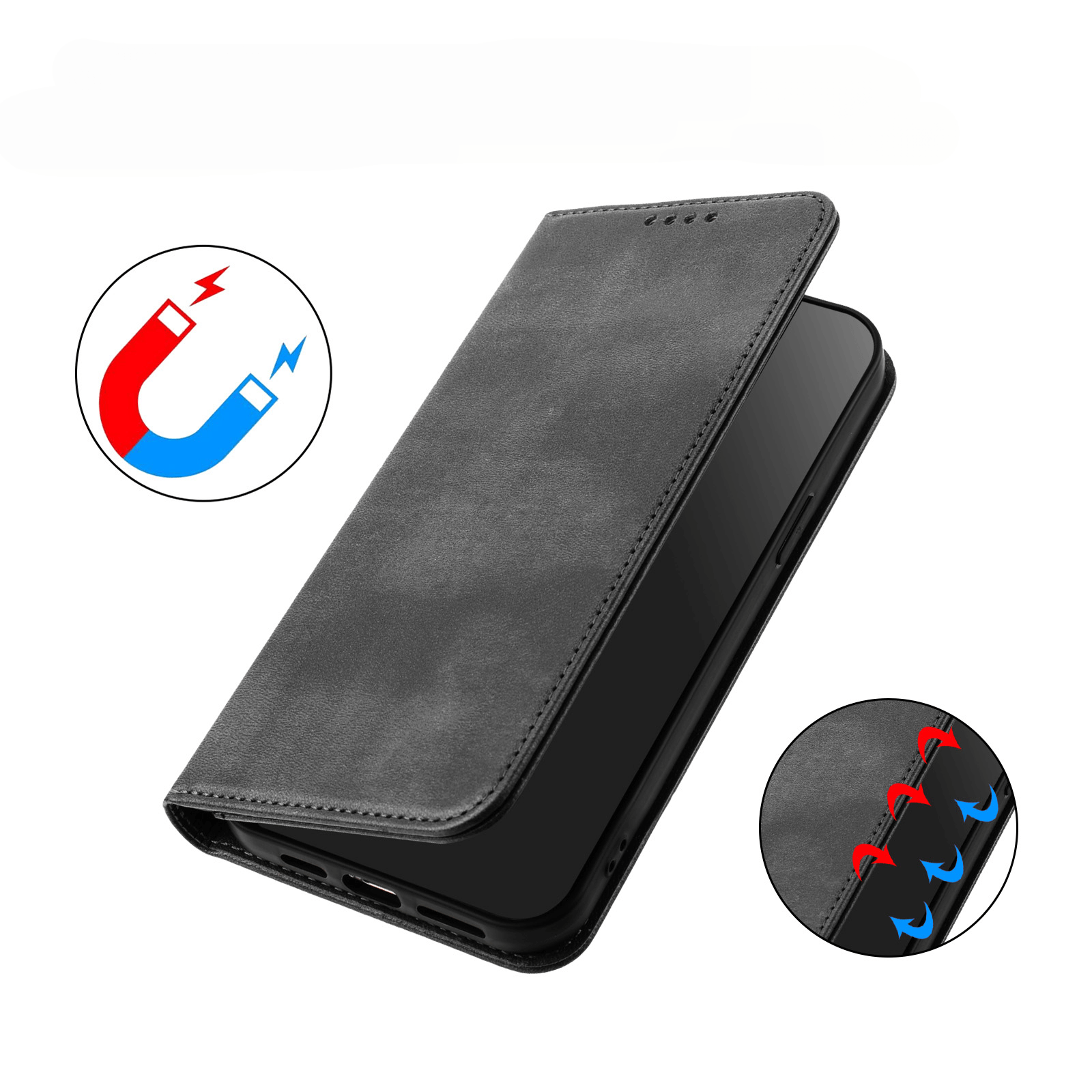 Das Cover-Discount CMF Phone 2 Pro - Flip Case mit RFID Blocker bietet eine magnetische Verschlussklappe sowie Symbole für Magnet und Verriegelung zur sicheren Aufbewahrung und RFID-Blockierung für zusätzlichen Schutz.