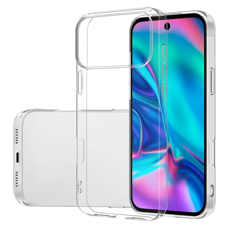 Das Cover-Discount iPhone 17 Pro Max - Silikon Gummi Case transparent zeigt sich auf und neben einem farbenfrohen Smartphone und kombiniert stilvolles Hülle-Design mit zuverlässigem Antifingerprint-Schutz.