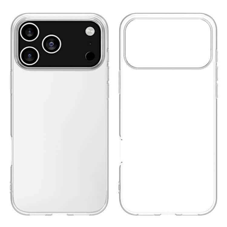 Das Cover-Discount iPhone 17 Pro Max - Silikon Gummi Case transparent wird von hinten und vorne gezeigt, mit drei Kameraausschnitten, einem Blitzausschnitt und Antifingerprint Schutz für ein makelloses Finish.