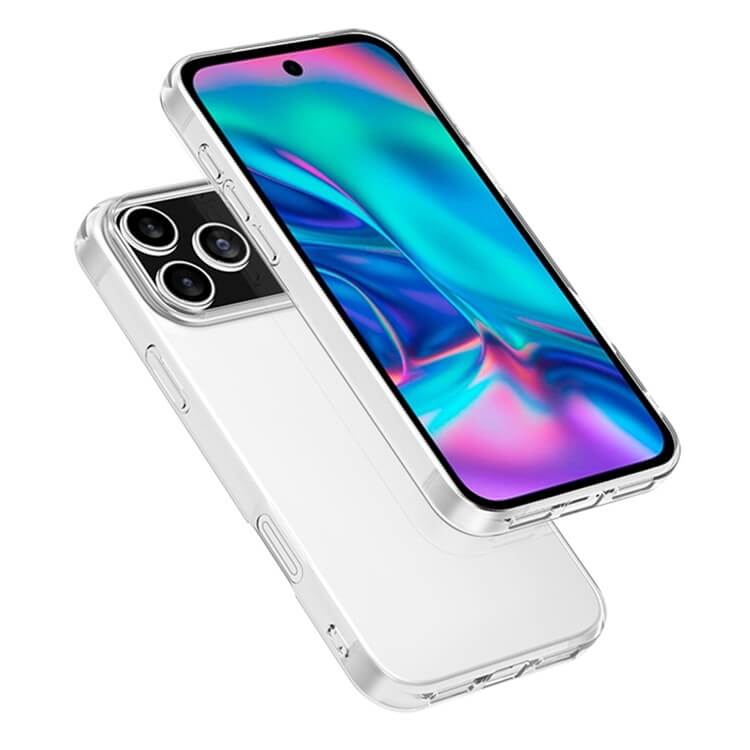 Zwei moderne Smartphones in Klarsichthüllen - eine zeigt den Bildschirm, die andere die Rückseite und die Kameras. Abgebildet: Cover-Discount iPhone 17 Pro Max - Silikon Gummi Case transparent für eleganten, fingerabdruckfreien Schutz.