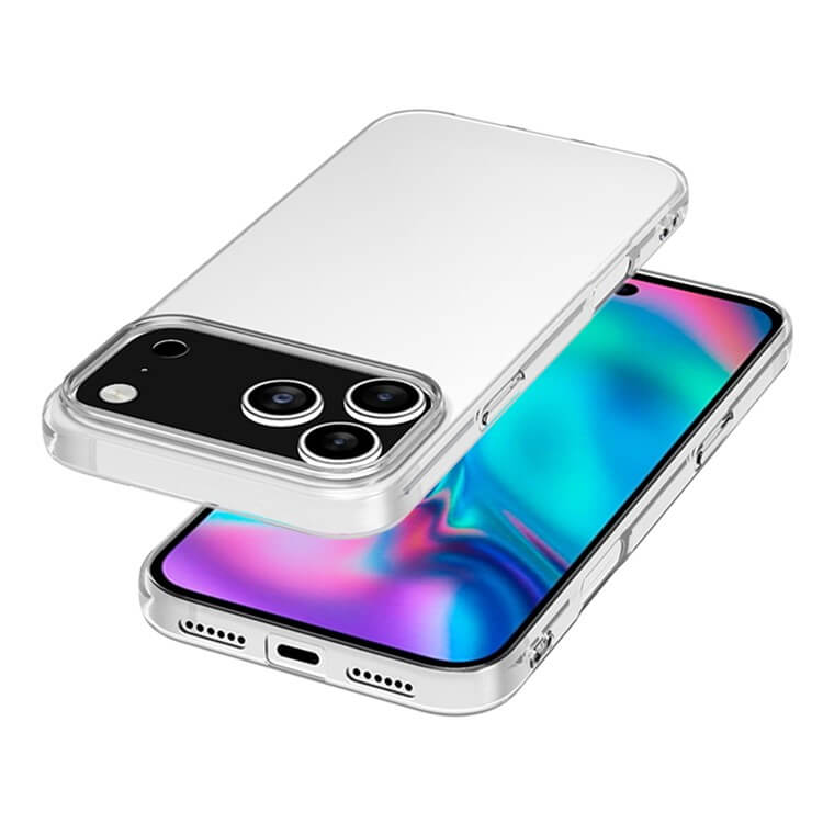 Zeigen Sie Ihr iPhone 17 Pro Max mit der transparenten Silikon-Gummihülle von Cover-Discount. Eine Hülle zeigt den Bildschirm, die andere hebt die dreifache Rückkamera hervor und bietet perfekten Schutz vor Fingerabdrücken.