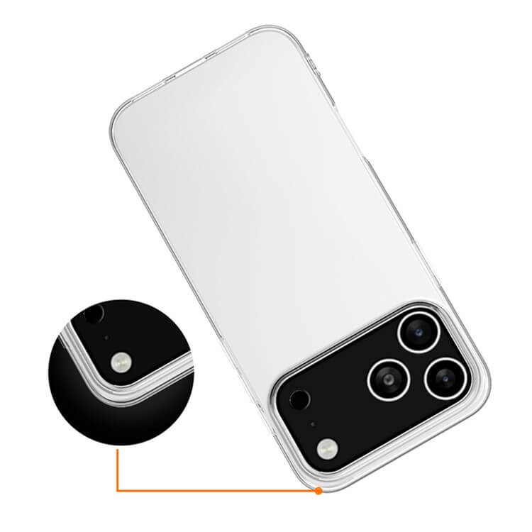 Das Cover-Discount iPhone 17 Pro Max - Silikon Gummi Case transparent bietet Schutz vor Fingerabdrücken, passt perfekt zu den drei rückwärtigen Kameras und verfügt über einen kreisförmigen Einsatz, der den Kamerabereich hervorhebt.