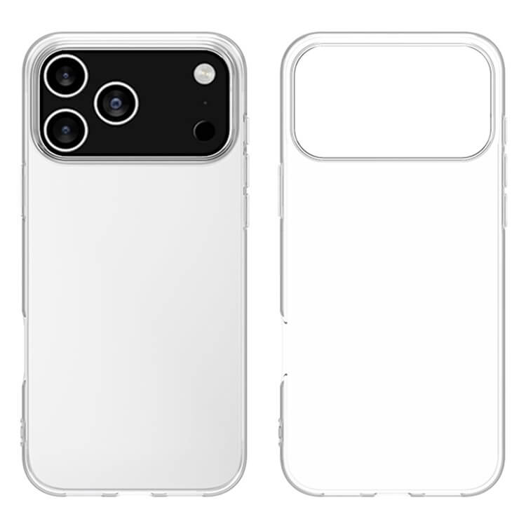 Das Cover-Discount iPhone 17 Pro - Silikon Gummi Case transparent, abgebildet von der Vorder- und Rückseite, verfügt über eine große Aussparung für die Triple-Kamera und einen robusten Schutz vor Fingerabdrücken, um Ihr Gerät sauber und elegant zu halten.