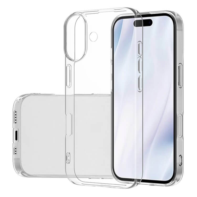 Das Cover-Discount iPhone 17 - Silikon Gummi Case transparent wird auf einem Smartphone mit Vorder-, Rück- und Seitenansicht gezeigt. Diese klare Fall bietet dauerhaften Schutz und eine Antifingerprint-Finish für dauerhafte Klarheit.