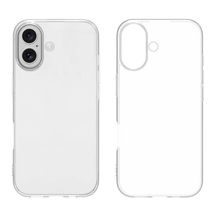Zwei transparente Handyhüllen von Cover-Discount, Seite an Seite - eine mit einem Telefon, eine ohne - beide mit zwei Kameraausschnitten. Wir präsentieren das iPhone 17 - Silikon Gummi Case transparent: eine Anti-Fingerprint-Hülle für stilvollen Schutz.