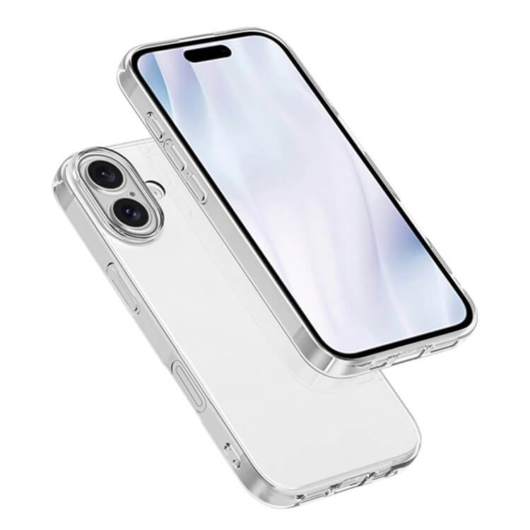Zwei iPhone 17 Smartphones mit Cover-Discount Silikon Gummi Case transparent-eines zeigt den Bildschirm, während das andere zeigt seine Dual-Rückseite Kameras und Fingerabdruck-resistente Hülle Design.