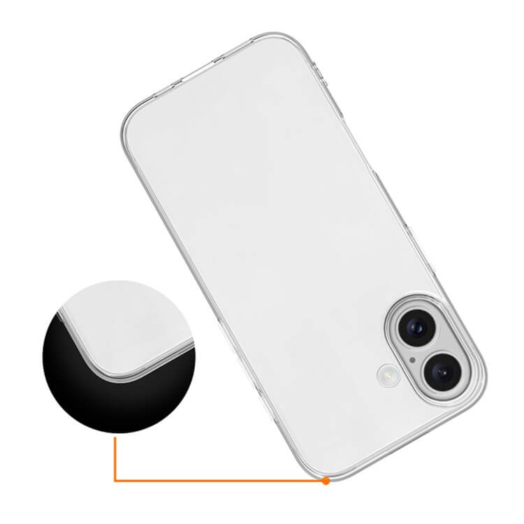 Ein transparentes Cover-Discount iPhone 17 - Silikon Gummi Case ist auf einem weißen Telefon abgebildet, wobei eine Nahaufnahme die präzise Passform und die detaillierten Ecken und Kanten dieser klaren Schutzhülle hervorhebt.