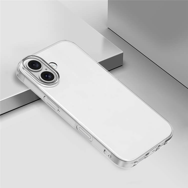 Die transparente iPhone 17 Silikon Gummi Hülle von Cover-Discount schützt Ihr Smartphone stilvoll - auf einer hellgrauen Fläche mit geometrischen Formen präsentiert. Ideal als Antifingerprint-Hülle.