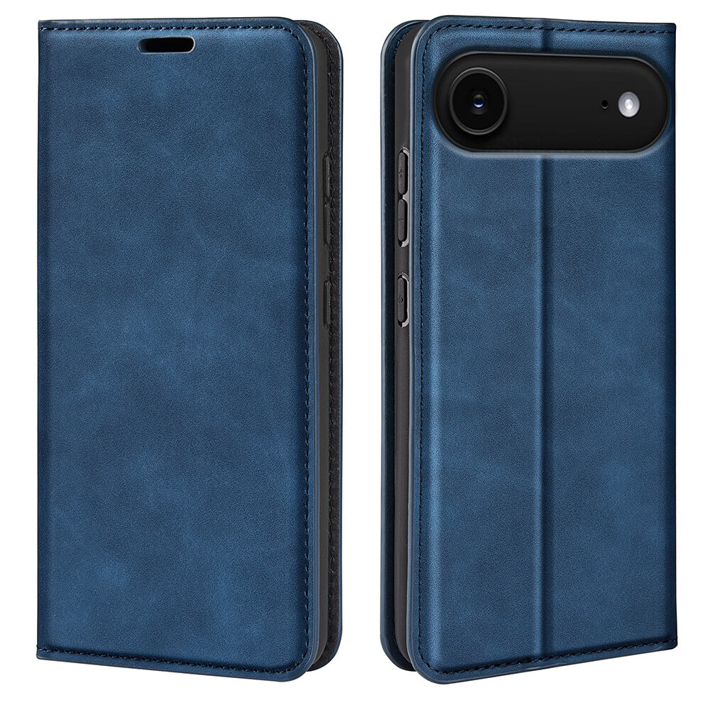 #farbe_blau|Das Cover-Discount iPhone 17 Air - Stand Flip Case Hülle verfügt über blaues Leder, Kameraausschnitt, Seitentasten und Kartenfächer für die Bequemlichkeit - sowohl offen als auch geschlossen dargestellt.