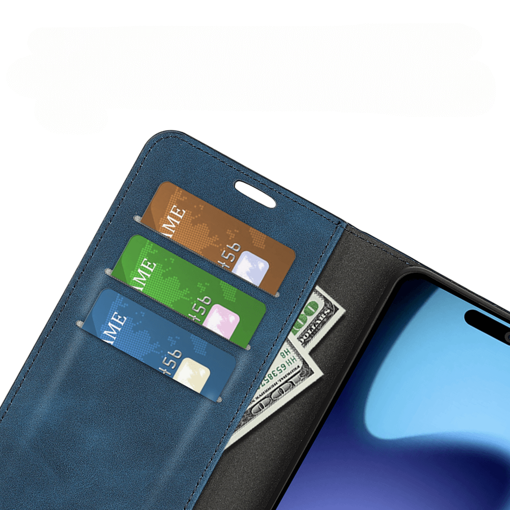 Das Cover-Discount iPhone 17 Air Stand Flip Case Hülle ist eine blaue Brieftasche, die auf Ihr Smartphone passt und Platz für drei Karten und Bargeld bietet.