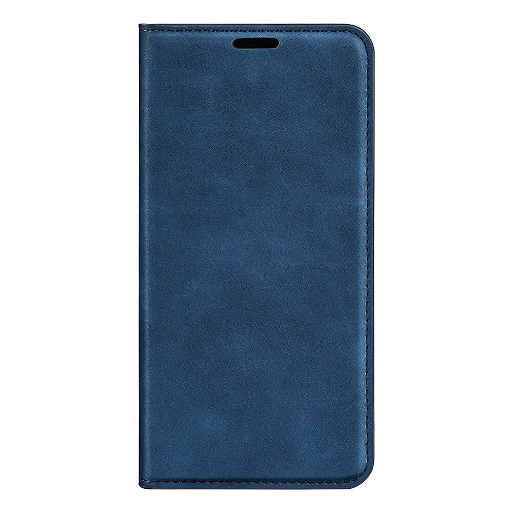Die Cover-Discount iPhone 17 Air - Stand Flip Case Hülle in blauem Leder, hier geschlossen auf weißem Hintergrund, ist ideal als iPhone 17 Air Hülle und praktisch als Handyhülle mit Kartenfächern.