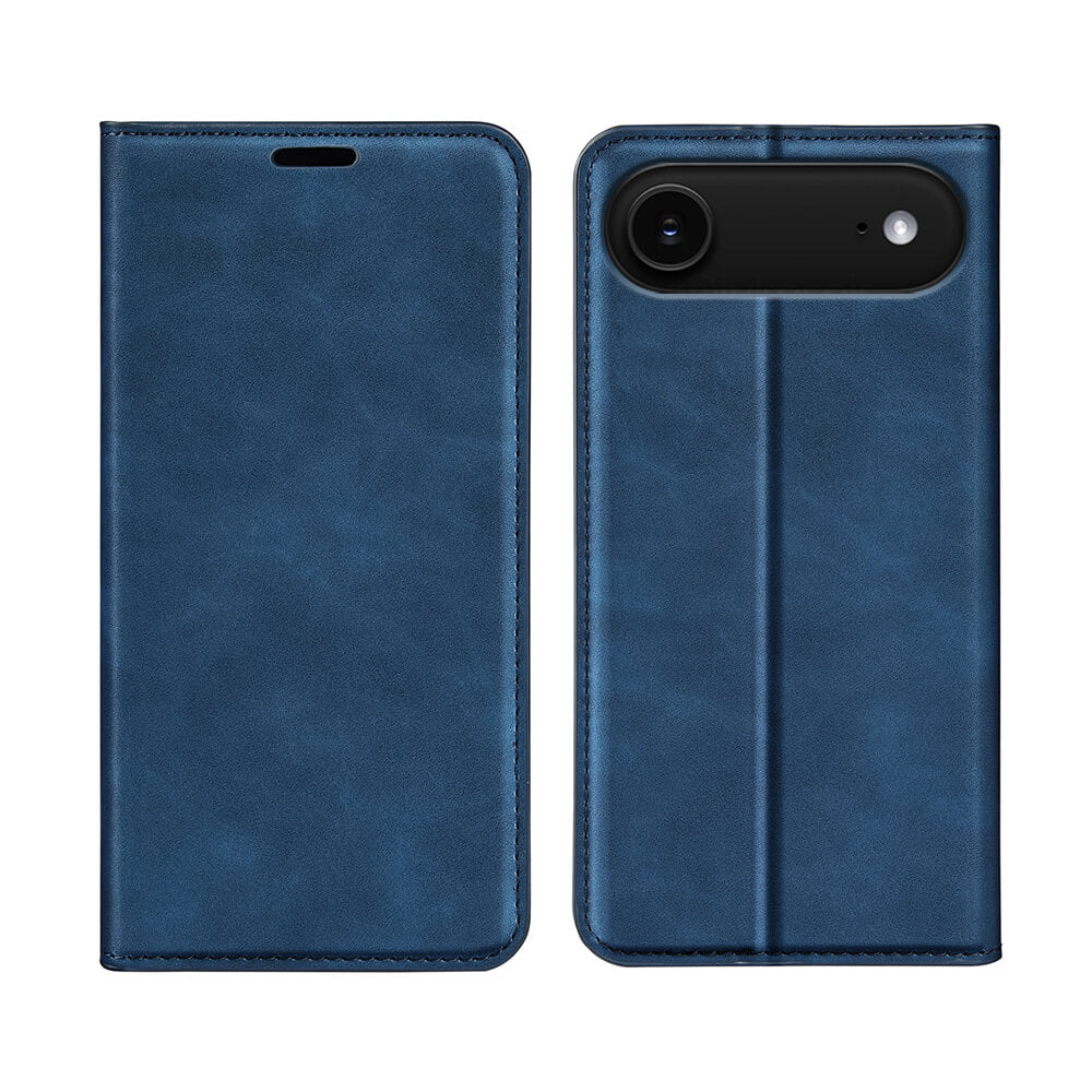 Cover-Discount iPhone 17 Air - Stand Flip Case Hülle in blauem Leder, von vorne und hinten geschlossen dargestellt, mit sichtbarem Kameraausschnitt.