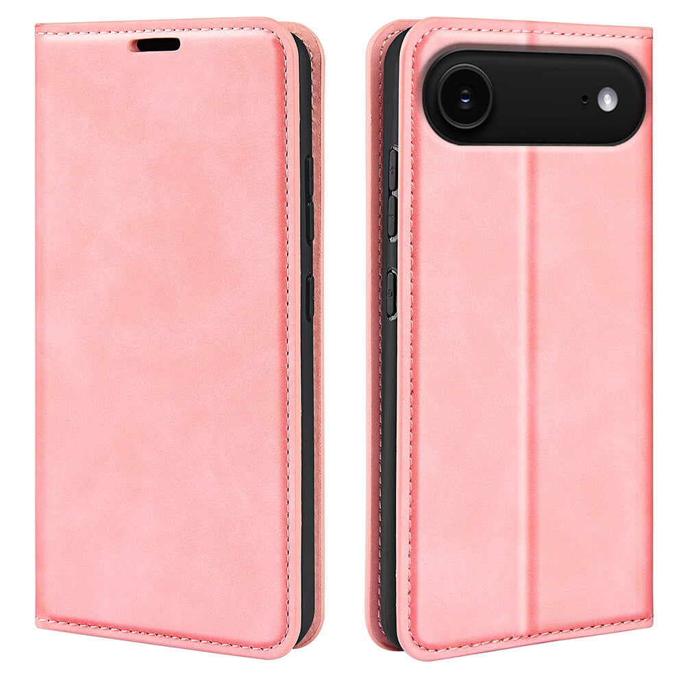 Die Cover-Discount iPhone 17 Air - Stand Flip Case Hülle in rosa Leder, hier geschlossen und geöffnet, verfügt über einen Kameraausschnitt und ein praktisches Design - ideal als Handyhülle mit Kartenfächern für Ihr Gerät.