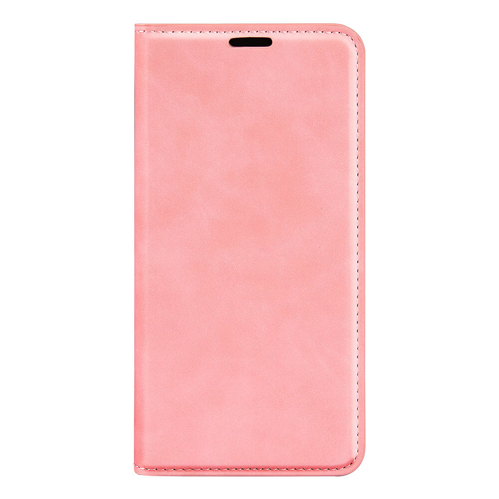 Die Cover-Discount iPhone 17 Air - Stand Flip Case Hülle aus rosa Leder mit abgesteppten Rändern ist geschlossen auf weißem Hintergrund abgebildet. Diese Handyhülle mit Kartenfächern kombiniert stilvollen Schutz und Praktikabilität.