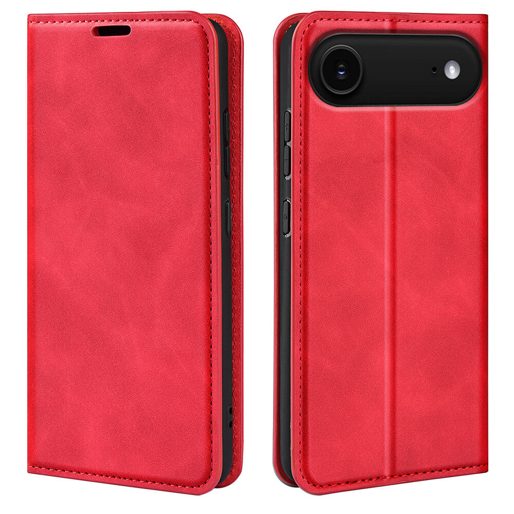 Das Cover-Discount iPhone 17 Air - Stand Flip Case Hülle in rotem Leder ist von vorne und hinten geschlossen, mit präzisen Kamera- und Knopfausschnitten. Ideal für stilvollen Schutz und Komfort, enthält es praktische Kartenfächer.