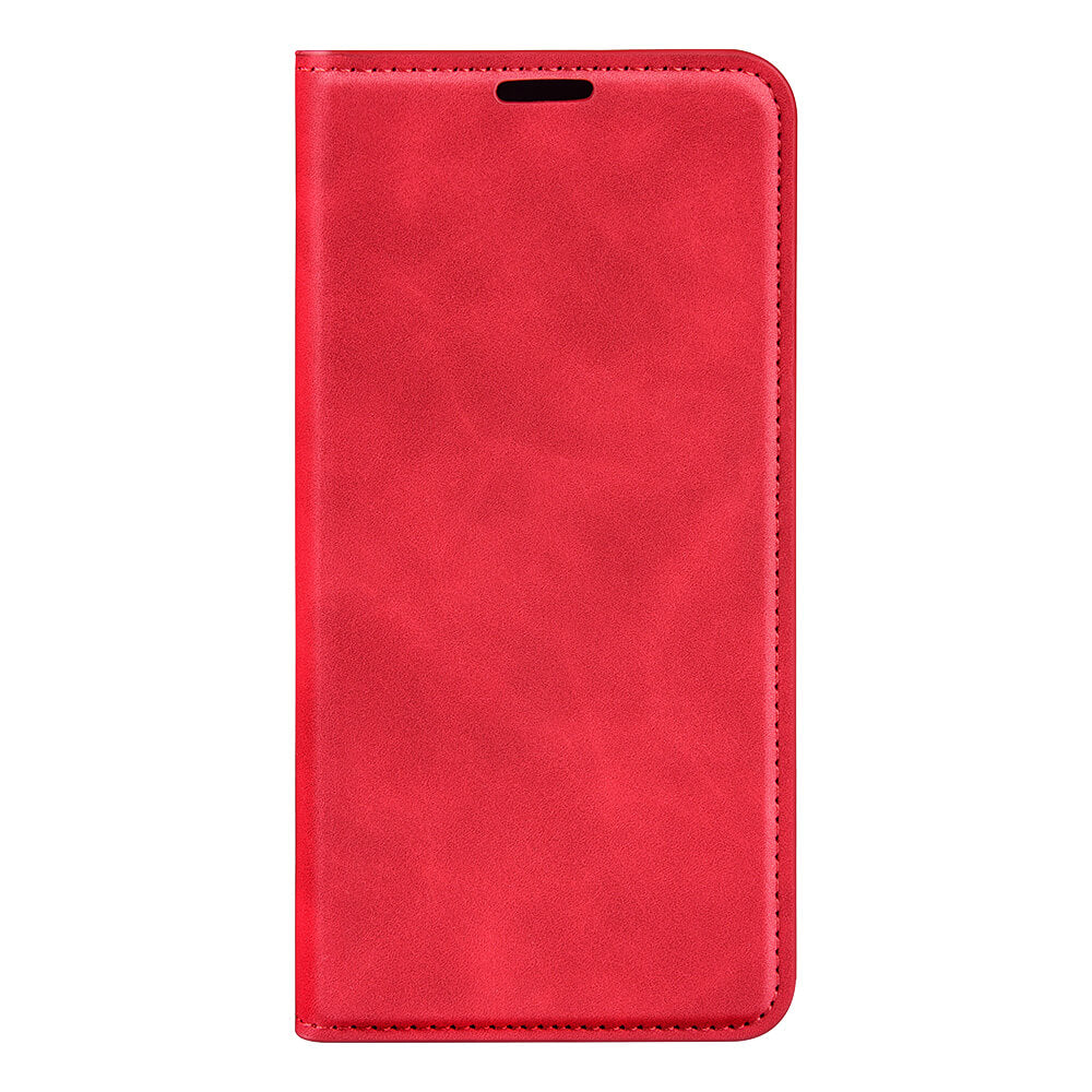 Das Cover-Discount iPhone 17 Air - Stand Flip Case Hülle in rotem Leder ist mit einer Frontabdeckung vor einem weißen Hintergrund geschlossen dargestellt und bietet Eleganz und Schutz für Ihr Gerät.
