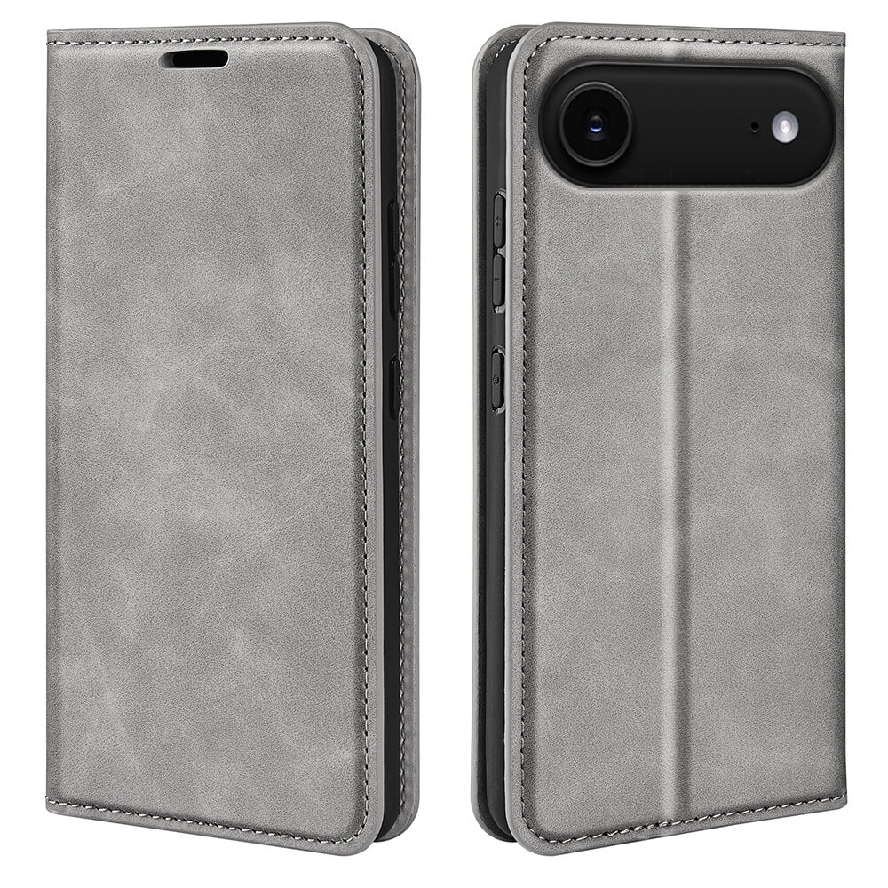 Zwei Ansichten der Cover-Discount iPhone 17 Air - Stand Flip Case Hülle in grauem Leder, mit Frontcover, Kameraausschnitt auf der Rückseite und Kartenfächer. Diese Handyhülle dient auch als praktischer Ständer für die freihändige Nutzung.
