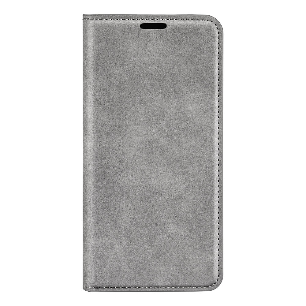 Das Cover-Discount iPhone 17 Air - Stand Flip Case Hülle in grauem Leder verfügt über abgesteppte Kanten, die von vorne geschlossen dargestellt werden - ideal für stilvollen Schutz.