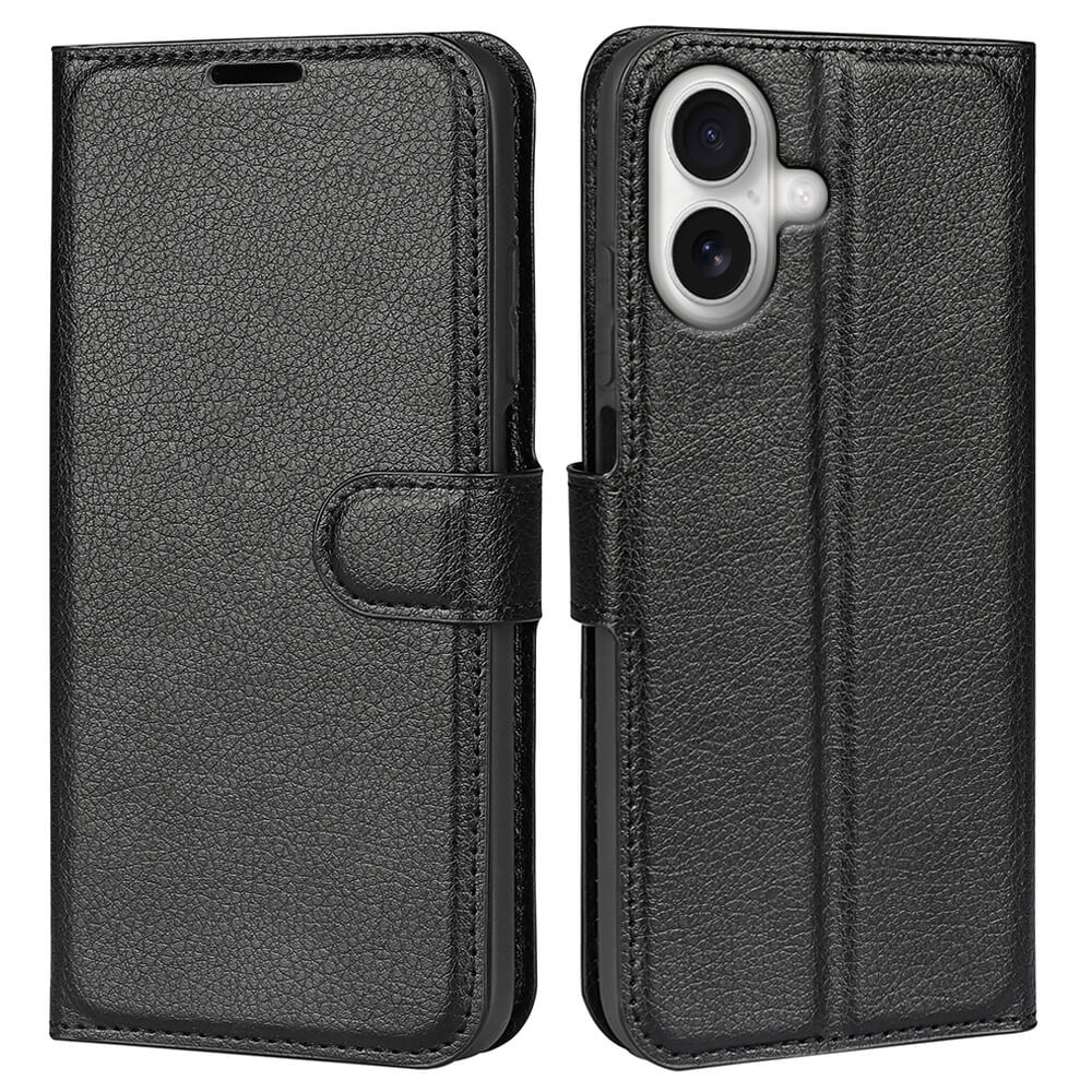 Das Cover-Discount iPhone 17 - Leder Etui Hülle in Schwarz mit Magnetverschluss wird geschlossen und geöffnet von vorne und hinten präsentiert.