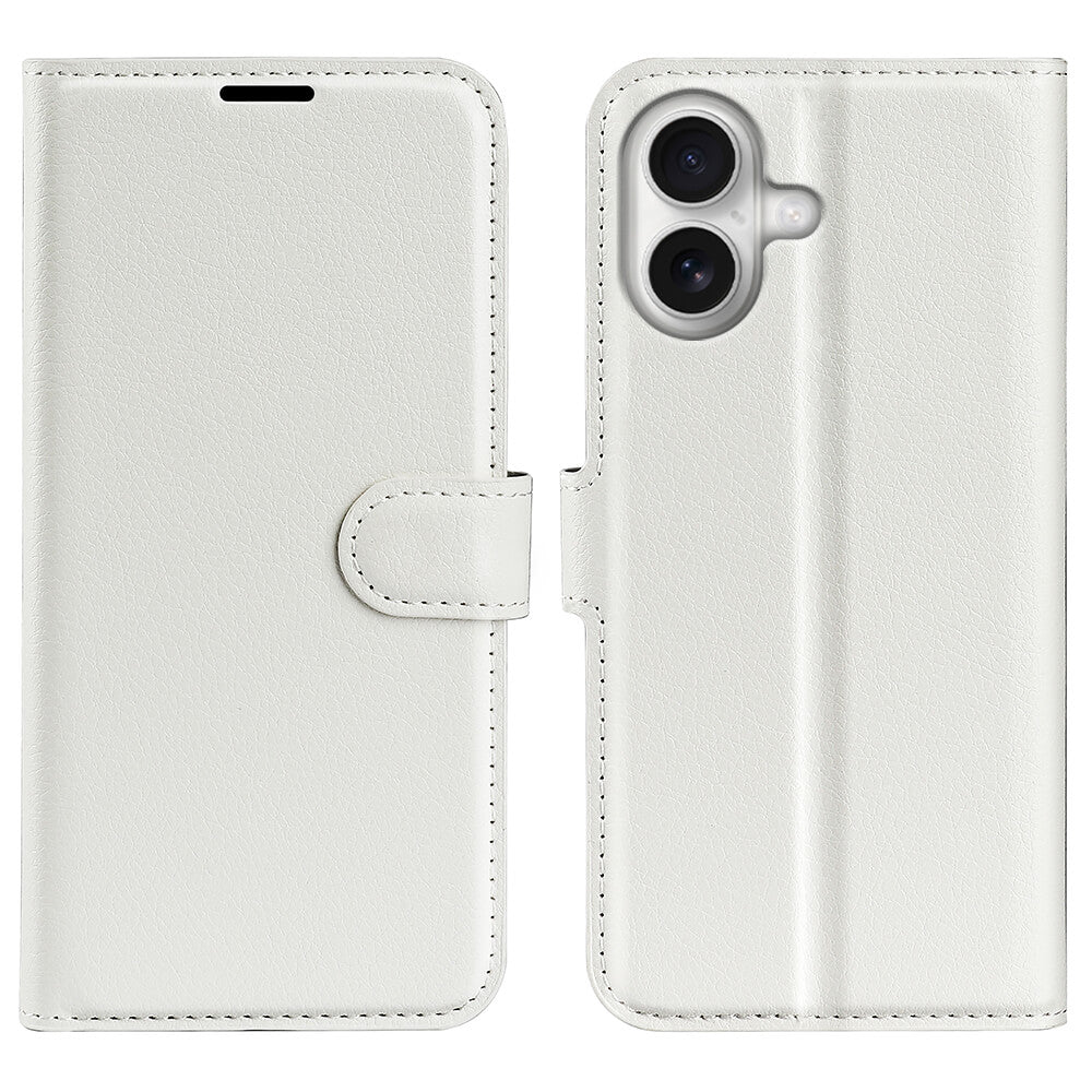 Die Cover-Discount iPhone 17 - Leder Etui Hülle in weißem Kunstleder hat einen Magnetverschluss und eine Kameraaussparung, die offen gezeigt wird, um Vorder- und Rückseite zu zeigen. Perfekt für Stil und Schutz.