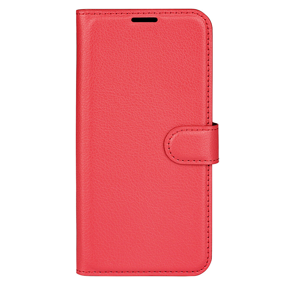 Das Cover-Discount iPhone 17 - Leder Etui Hülle in Rot mit Magnetverschluss ist als geschlossenes Phone Wallet Case von vorn abgebildet.