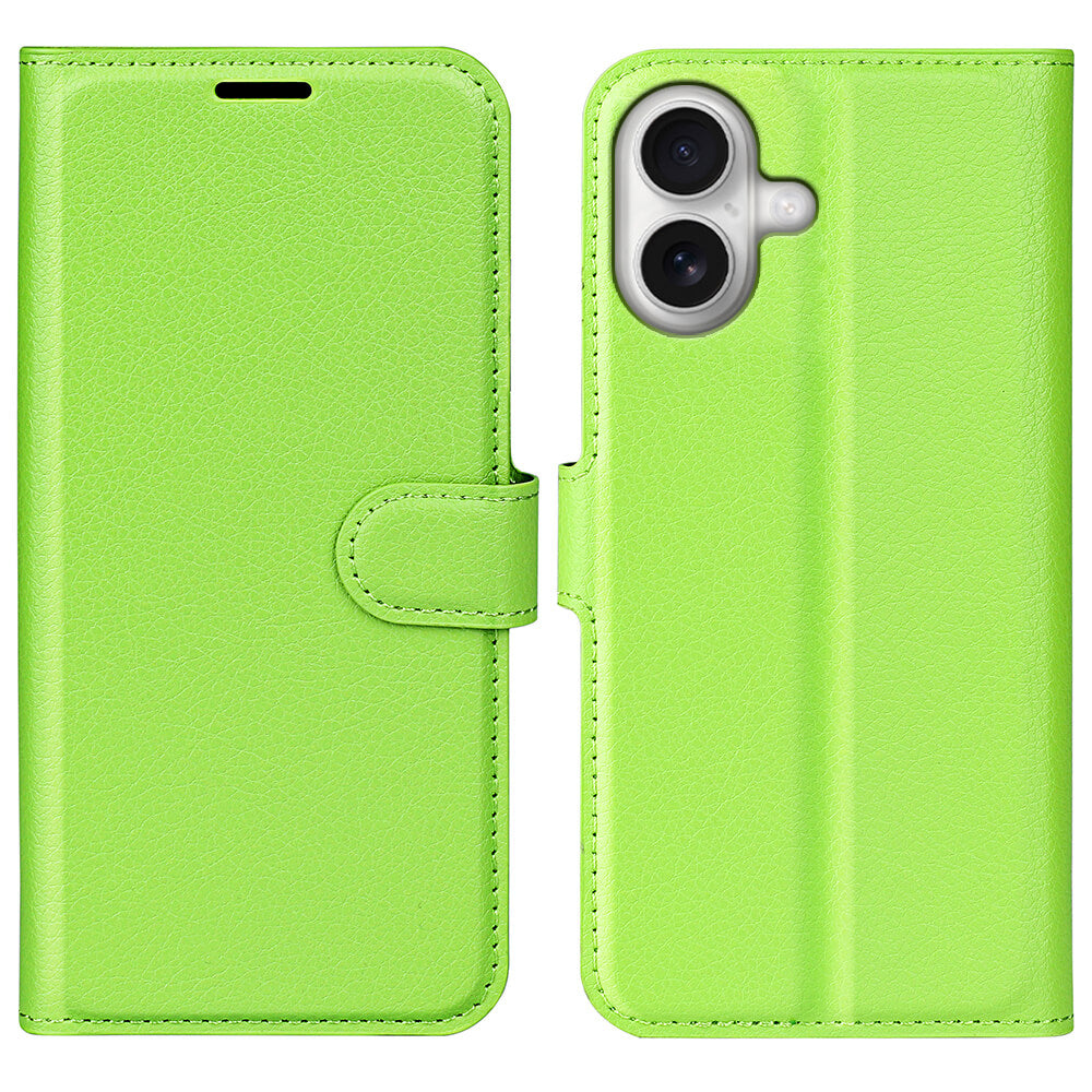 Die Cover-Discount iPhone 17 - Leder Etui Hülle zeigt sich geöffnet in leuchtend grünem Kunstleder, mit Slots für Kamera und Empfänger sowie einem praktischen Magnetverschluss.