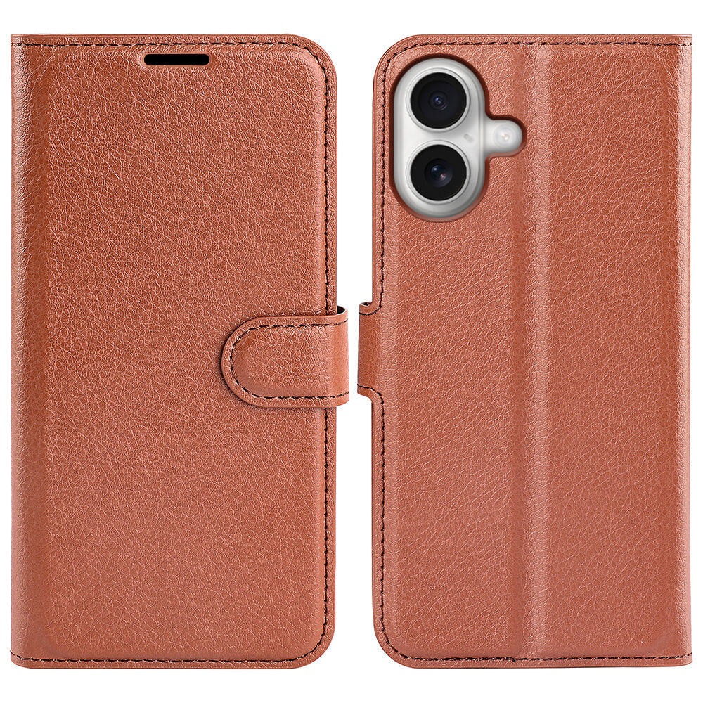 Die iPhone 17 - Leder Etui Hülle von Cover-Discount aus braunem Kunstleder mit Magnetverschluss, offen und geschlossen gezeigt.