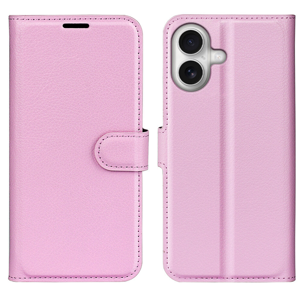 Die Cover-Discount iPhone 17 - Leder Etui Hülle in hellrosa Kunstleder wird offen und geschlossen gezeigt, mit Kameraausschnitt und sicherem Magnetverschluss.