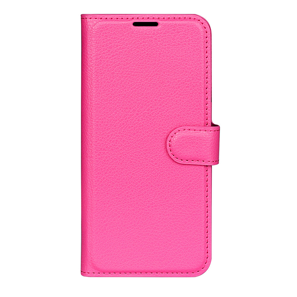 Die Cover-Discount iPhone 17 - Leder Etui Hülle in pinkem Kunstleder verfügt über einen sicheren Magnetverschluss und ist geschlossen und aufrecht abgebildet.