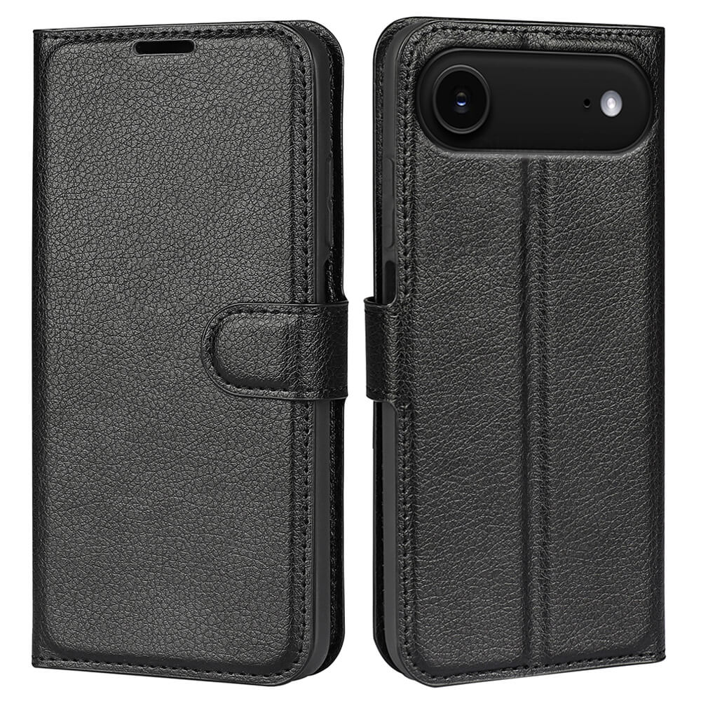 #farbe_schwarz|Cover-Discount iPhone 17 Air - Leder Etui Hülle, vorne und hinten gezeigt, mit Magnetverschluss und passgenauem Kameraausschnitt.