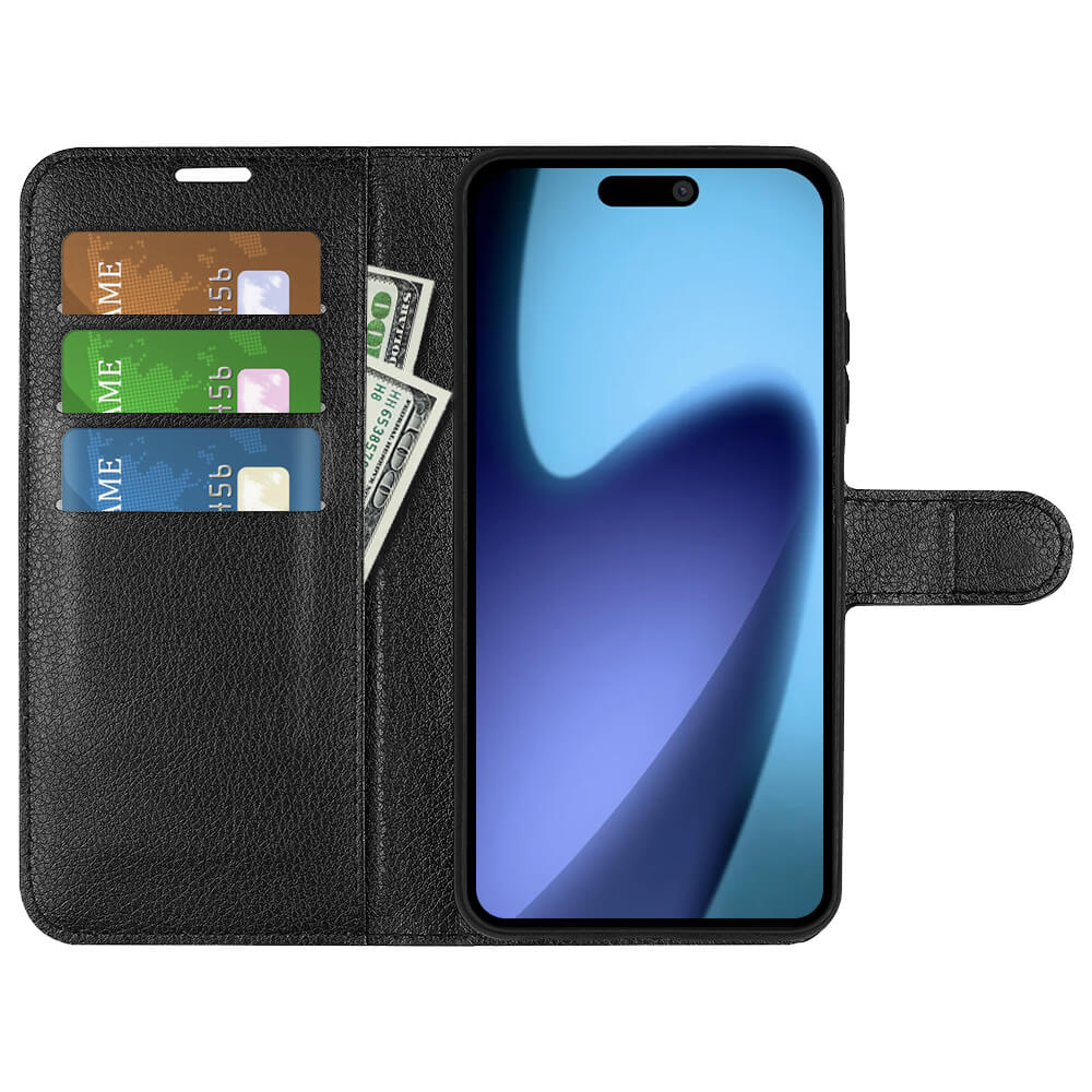 #farbe_schwarz|Die offene schwarze Cover-Discount iPhone 17 Air Leder Etui Hülle mit Magnetverschluss fasst drei Karten, Bargeld und ein Smartphone mit blauem, abstraktem Bildschirm.