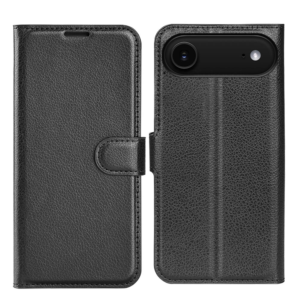 Schwarze Cover-Discount iPhone 17 Air Leder Etui Hülle mit Magnetverschluss: links geschlossen, rechts geöffnet mit sichtbarem Kameraausschnitt.
