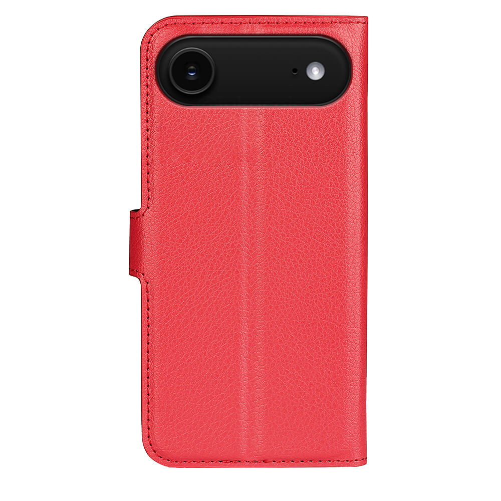 Rotes iPhone 17 Air - Leder Etui Hülle von Cover-Discount mit Magnetverschluss und präzisem Kameraausschnitt, auf der Rückseite abgebildet.