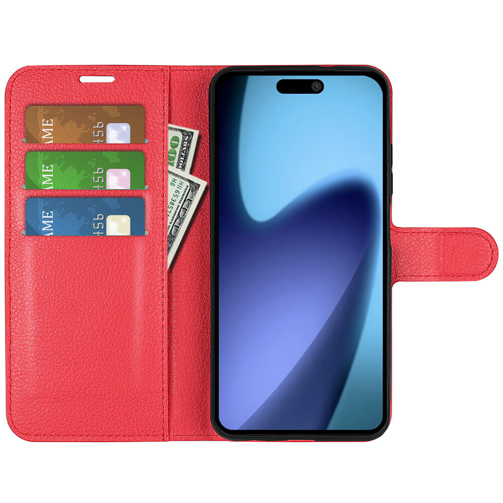 Die Cover-Discount iPhone 17 Air - Leder Etui Hülle in Rot hält drei Karten, Bargeld und Ihr Smartphone sicher dank Magnetverschluss - ein stilvoller Kunstleder-Schutz für den Alltag.