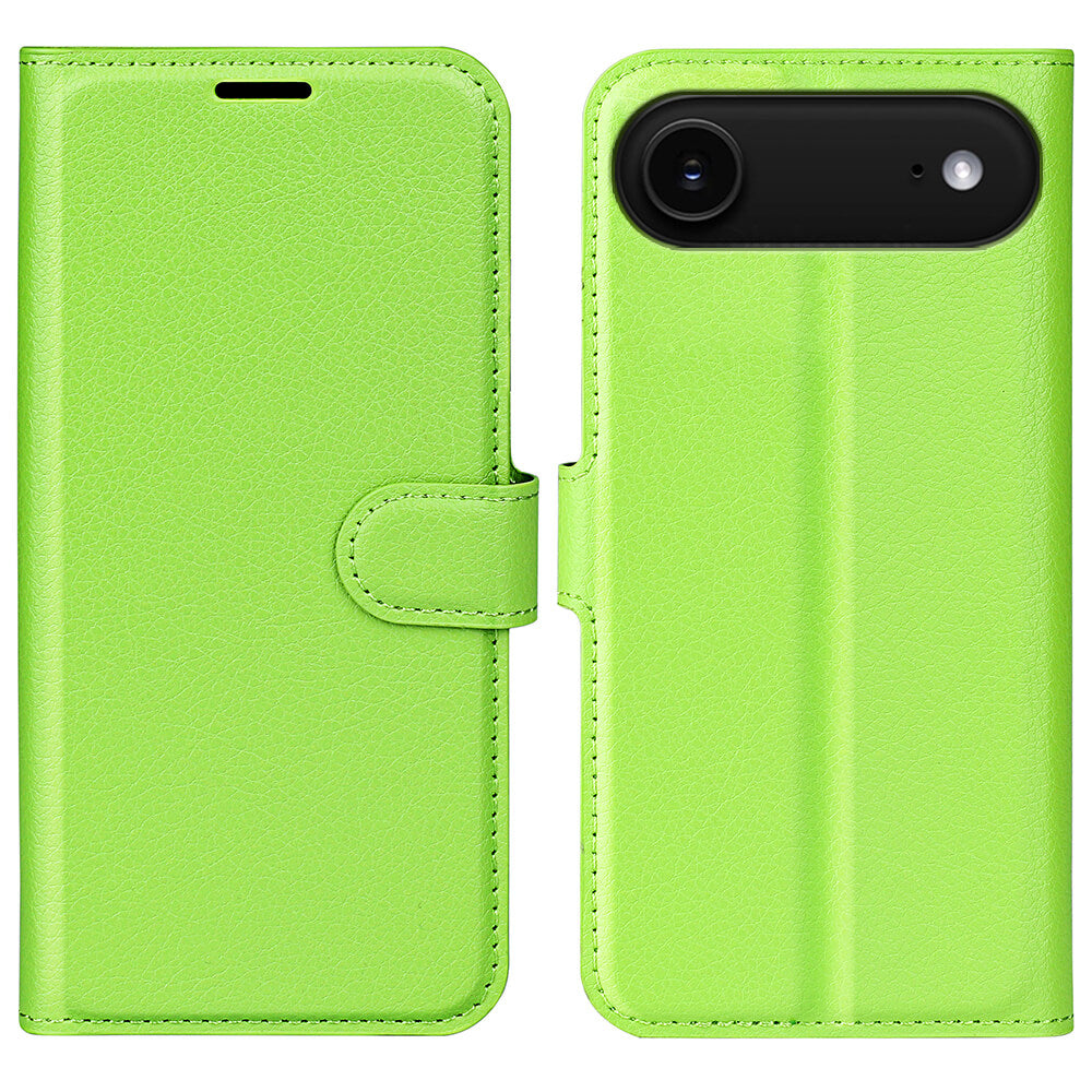 Die Cover-Discount iPhone 17 Air - Leder Etui Hülle ist eine leuchtend grüne Handyhülle mit einer Frontabdeckung und Magnetverschluss, die sowohl offen als auch geschlossen abgebildet ist.