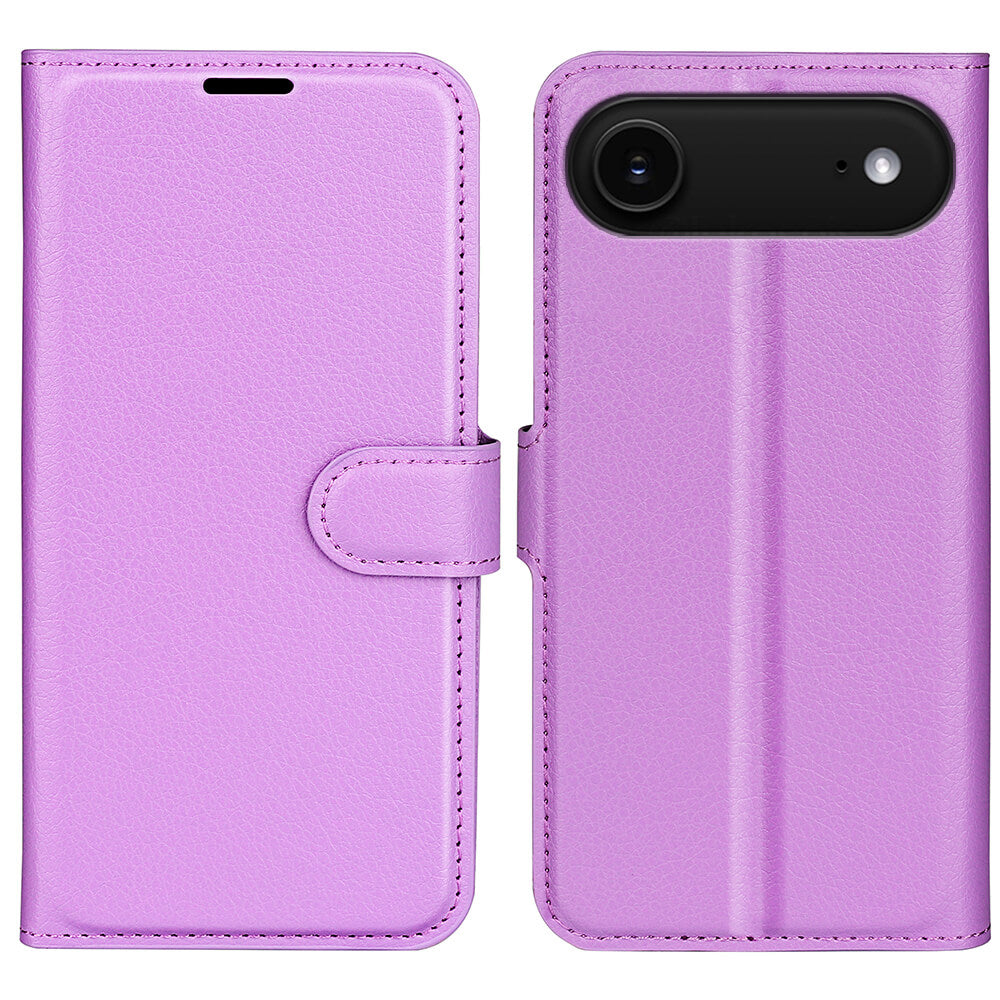 Cover-Discount iPhone 17 Air - Leder Etui Hülle in lila, offen und geschlossen gezeigt, mit sichtbarer Kamera-Aussparung und sicherem Magnetverschluss.