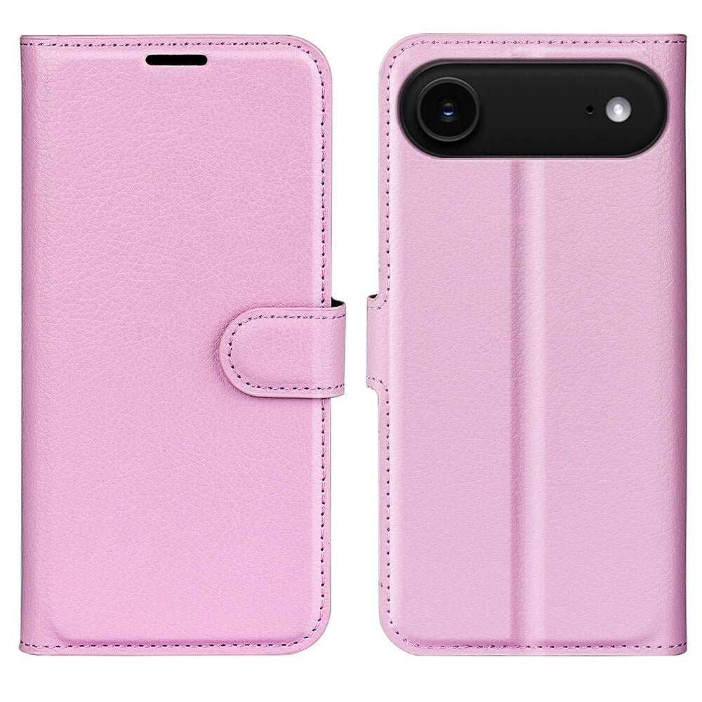 Die Cover-Discount iPhone 17 Air - Leder Etui Hülle in hellrosa Kunstleder, mit Magnetverschluss und sichtbaren Nähten, wird von vorne und hinten geschlossen gezeigt und bietet eine elegante, schützende Hülle für die Brieftasche.