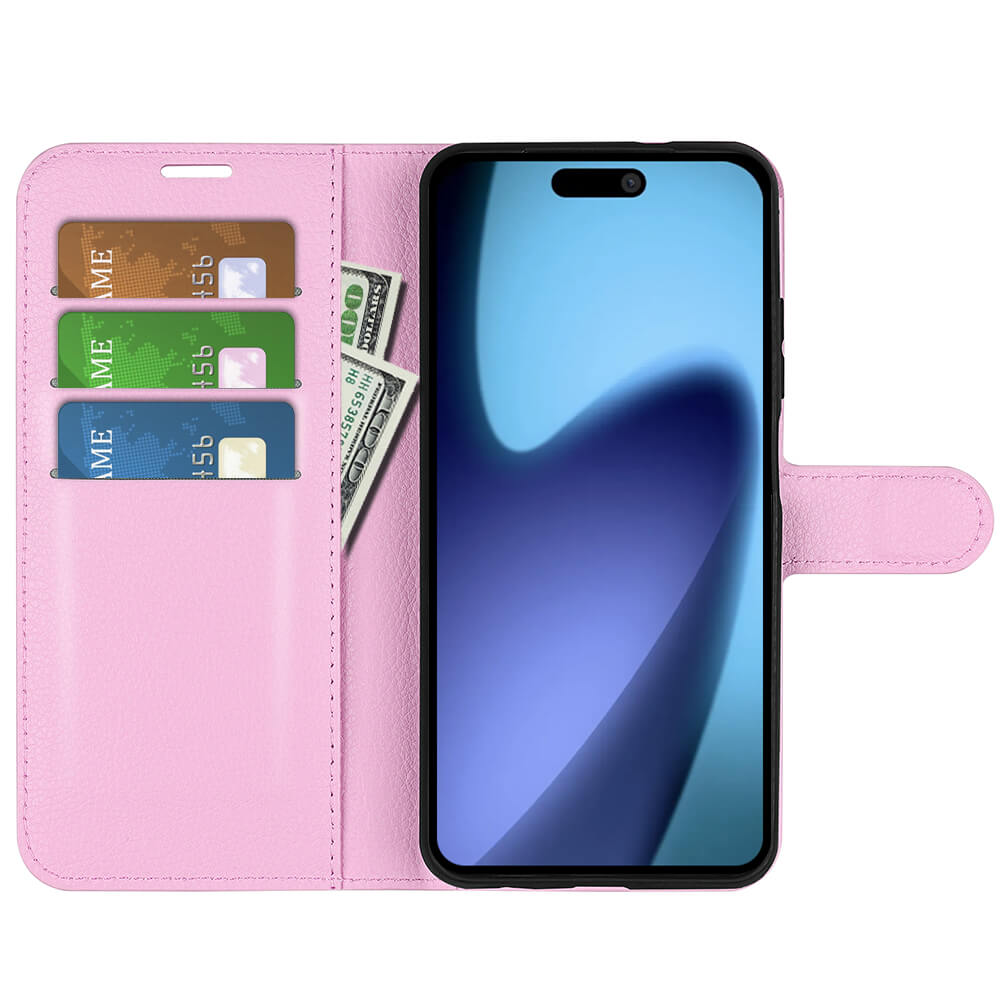 Das iPhone 17 Air in einer rosafarbenen Leder-Etui-Hülle von Cover-Discount mit Magnetverschluss und Fächern für Karten und Bargeld, wobei die Hülle geöffnet werden kann, um den Inhalt zu zeigen.