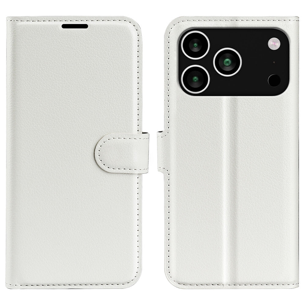 Das weiße Cover-Discount Leder Etui für das iPhone 17 Pro Max ist geöffnet und zeigt Kartenfächer, den inneren Handybereich und den Kameraausschnitt.