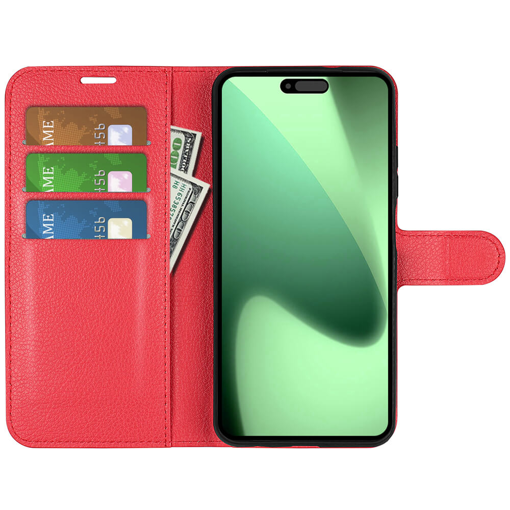 Das rote Cover-Discount Leder Etui für iPhone 17 Pro Max ist geöffnet und zeigt das Handy, drei Kartenfächer sowie Bargeld in den Fächern.