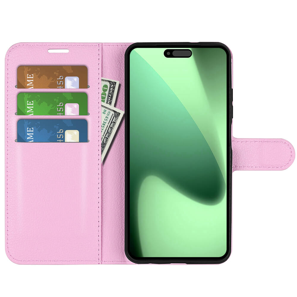 Die Cover-Discount iPhone 17 Pro Max Leder Etui Hülle in Pink verfügt über einen Magnetverschluss und Fächer für Kreditkarten und Bargeld.