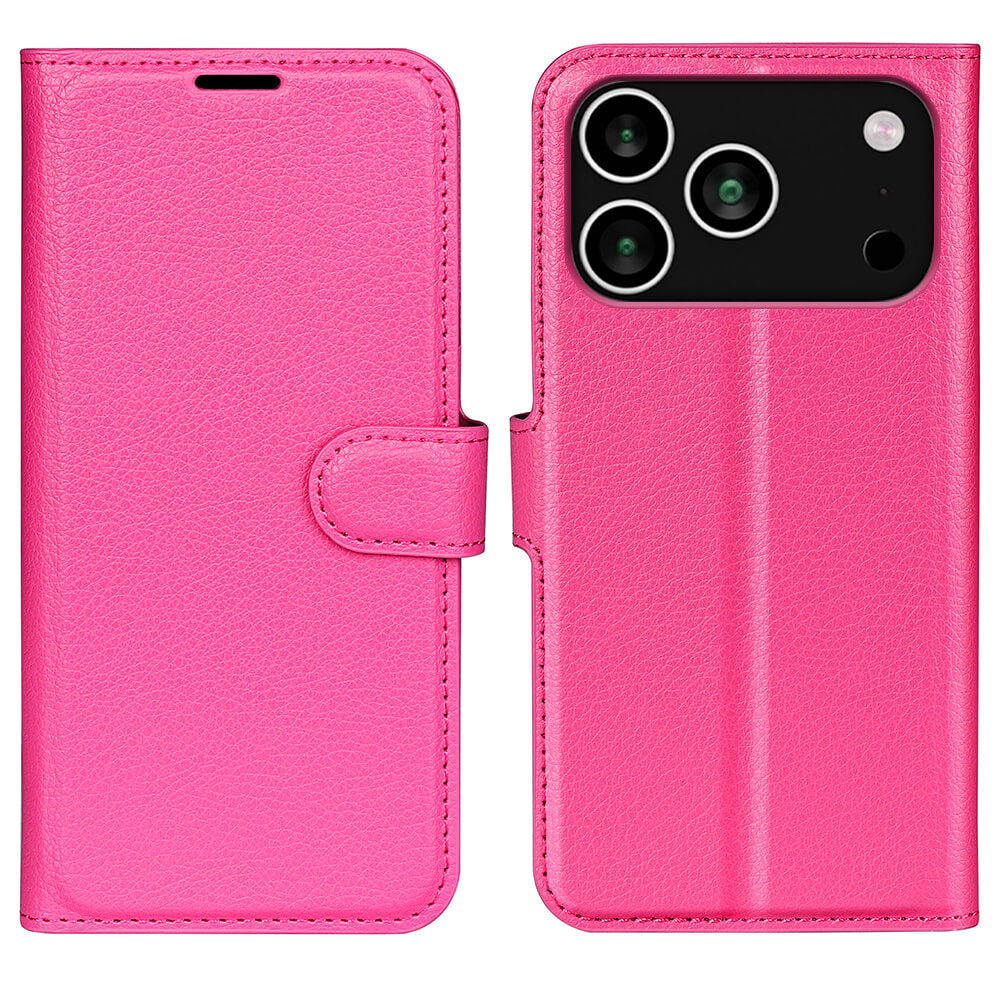 Die Cover-Discount iPhone 17 Pro Max - Leder Etui Hülle, in leuchtend pinkem Kunstleder, ist von vorne und hinten geschlossen abgebildet und verfügt über einen Kameraausschnitt und Magnetverschluss.
