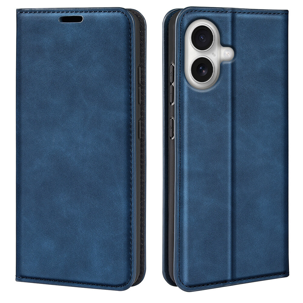 Das Cover-Discount iPhone 17 - Stand Flip Case Hülle in blauem Leder verfügt über eine praktische Standfunktion, zuverlässigen Schutz, stilvolles Design und einen Kameraausschnitt auf der Rückseite. Abgebildet sowohl offen als auch geschlossen.