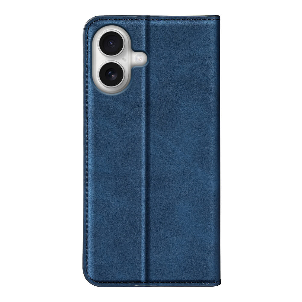 Das Cover-Discount iPhone 17 - Stand Flip Case Hülle in blauem Leder ist geschlossen mit einem Kameraausschnitt, von hinten gesehen, vor einem weißen Hintergrund abgebildet.