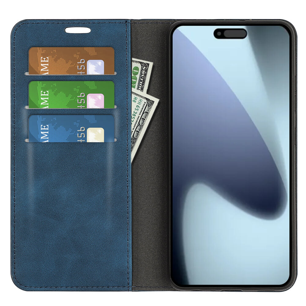 Das blaue Cover-Discount iPhone 17 - Stand Flip Case Hülle fasst drei Karten, Bargeld und Ihr Telefon mit abstraktem Display. Seine Standfunktion verbindet Stil und Komfort für den täglichen Gebrauch.
